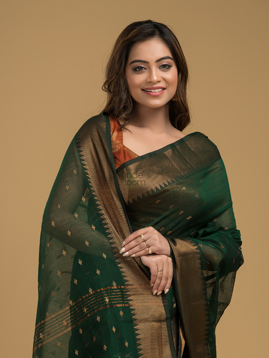 Dark Green Cotton Silk  1000 Butti Jamdani Saree - 006