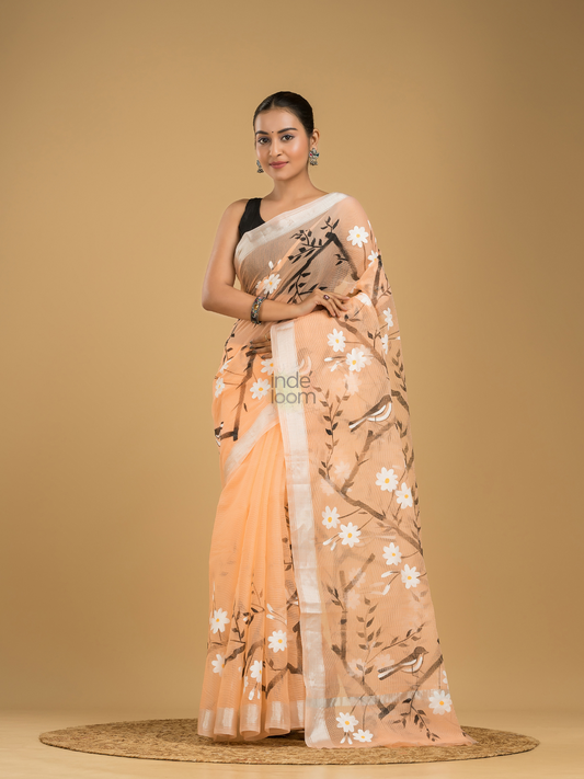 Kota Doria Handpainted Saree With Pale Orange - 006