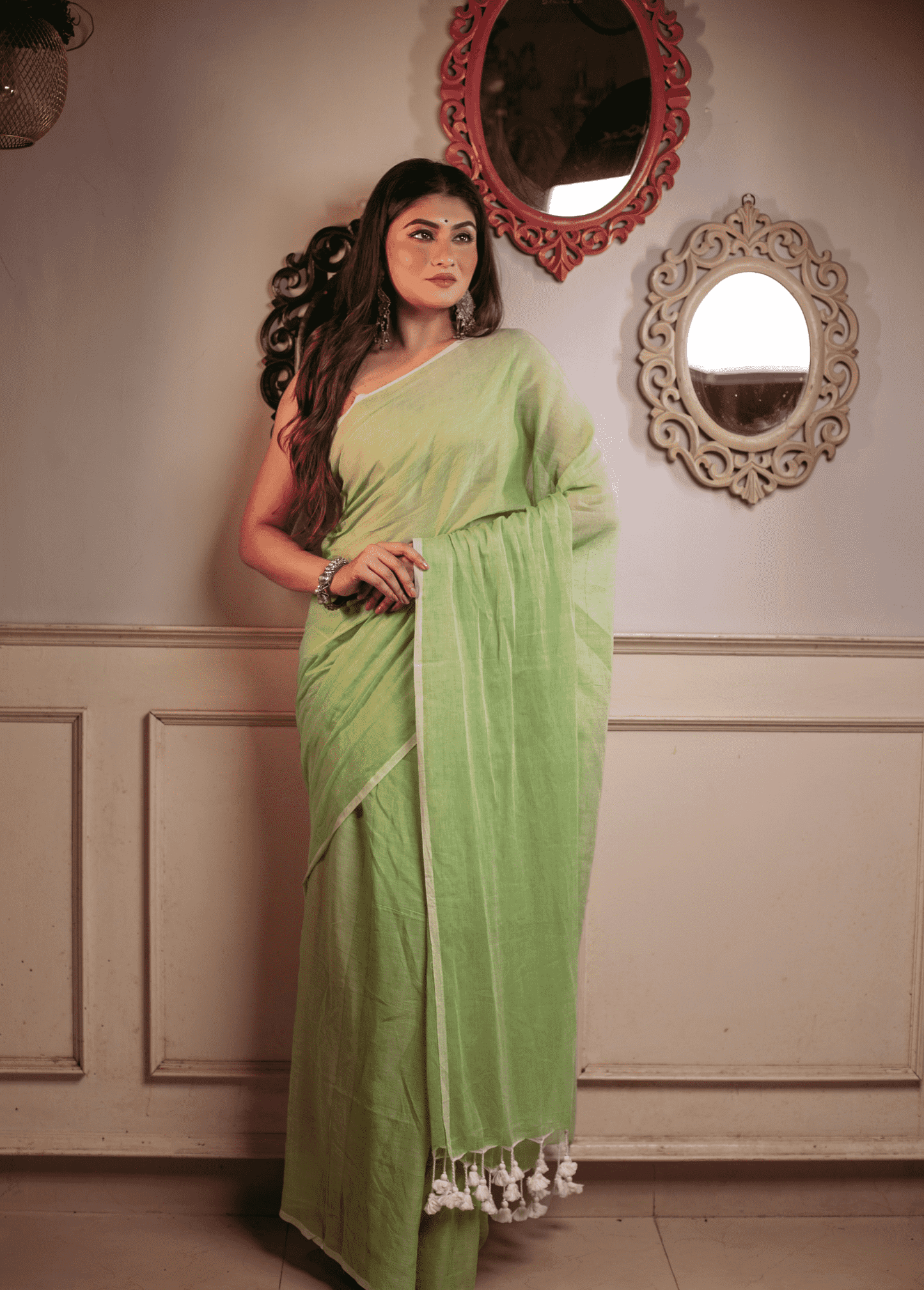 Lime Green Mul Mul Cotton Saree - 024