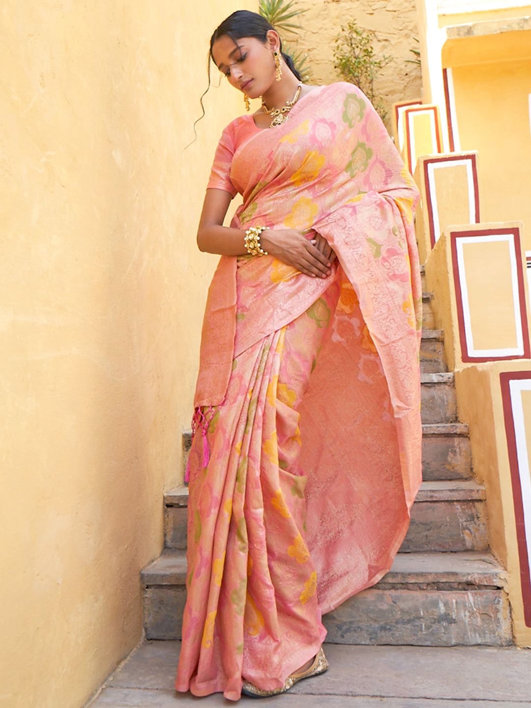 Chanderi Silk Ethnic Motifs Saree In Rose Pink (Precision Looms) - 002