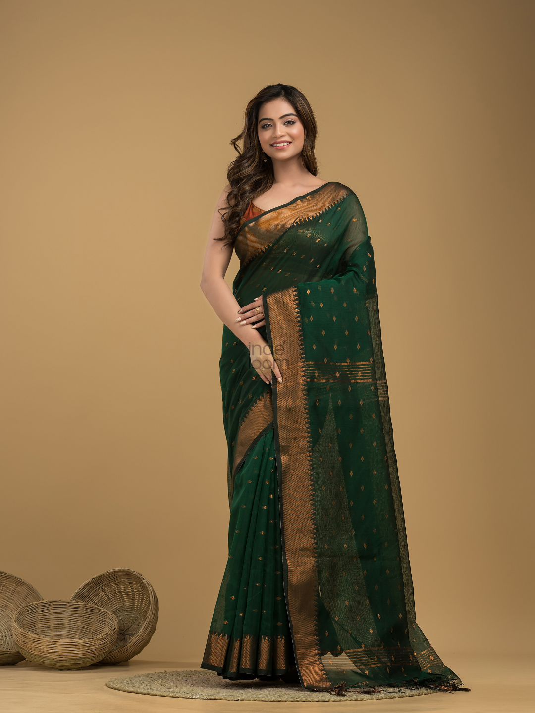 Dark Green Cotton Silk  1000 Butti Jamdani Saree - 006