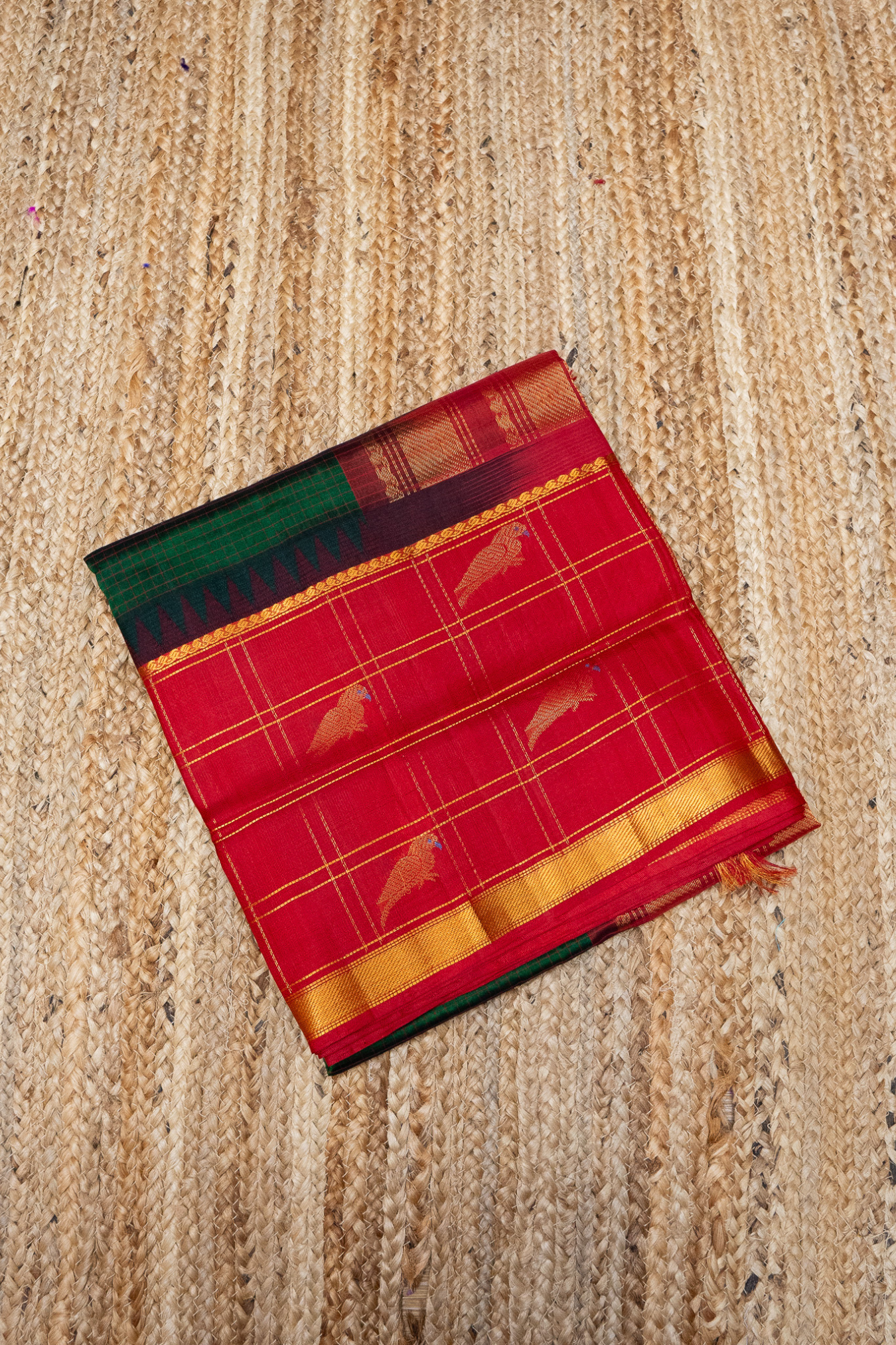 Forest Green and Red Border with Parrot motifs and Zari Checks Korvai Saree -162