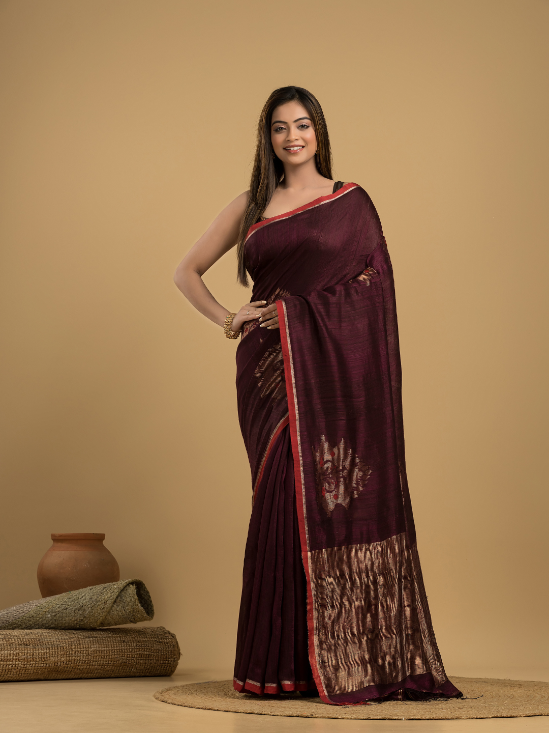 Wine Red Matka SilkJamdani Saree - 040