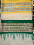 Beige & Yellow Green, Handloom Vidarbha Tussar Silk Saree with Multicolor Contrast Border-017 - indeloom