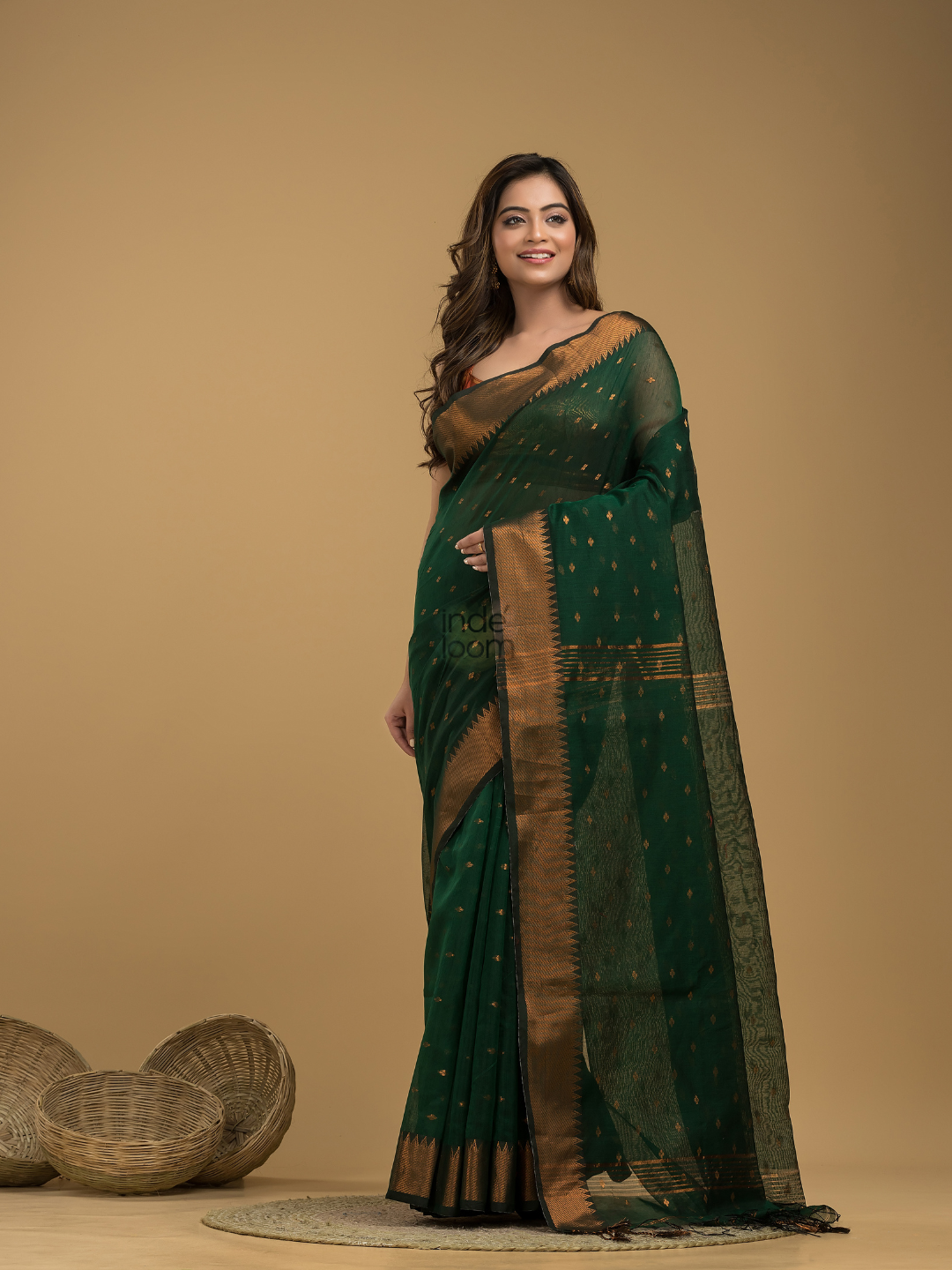 Dark Green Cotton Silk  1000 Butti Jamdani Saree - 006