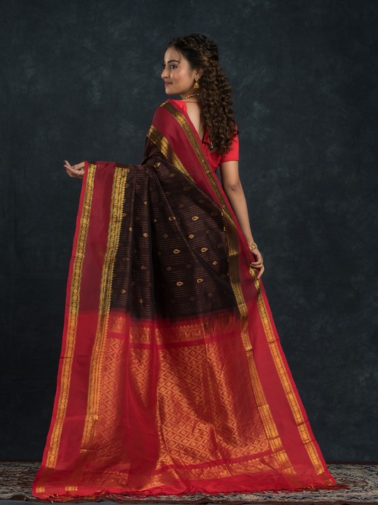 Korvai Saree Coal Black Red Border - 159