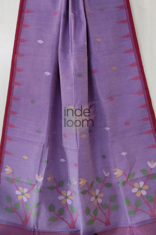 Floral Voilet Purple Bengal Pure Cotton Jamdani Saree-017