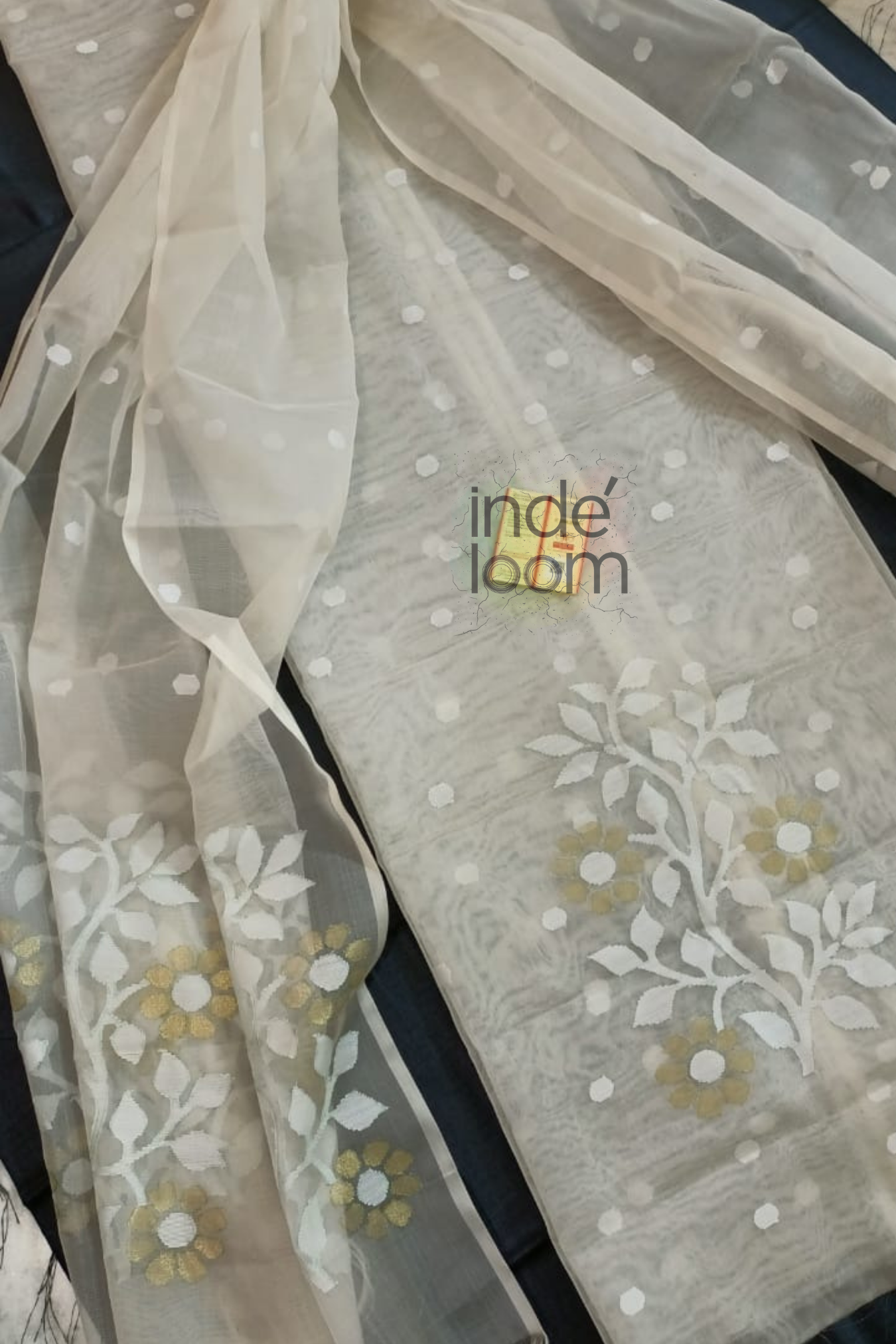 Muslin Jamdani 2 Piece Set Kurti  & Dupatta in Light Grey with White Flowers-036