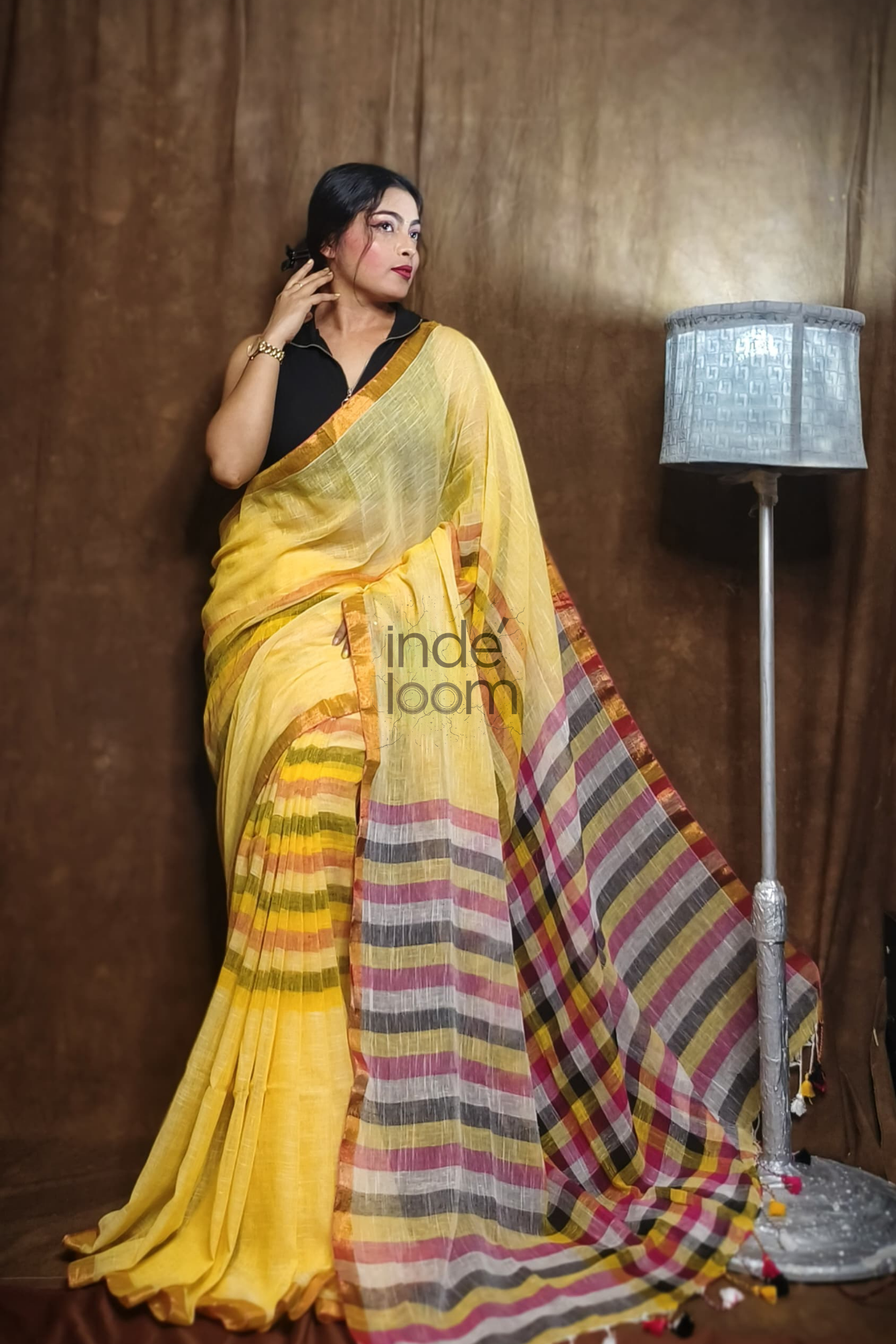 Handloom Linen Checks Saree with Mango Yellow-004