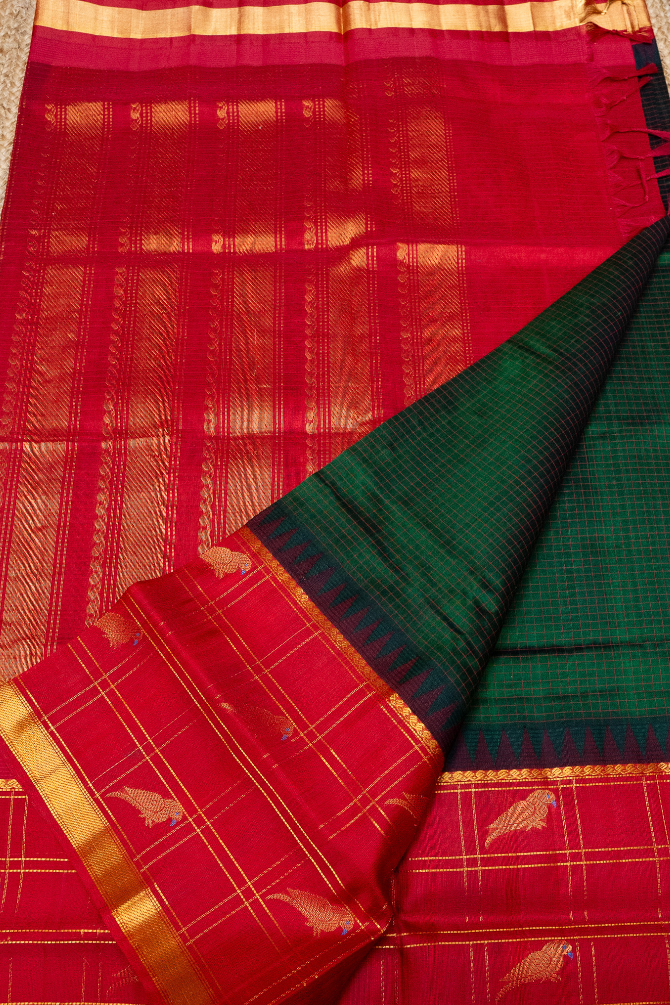 Forest Green and Red Border with Parrot motifs and Zari Checks Korvai Saree -162