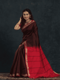 Pure Handloom Korvai Silk Cotton Saree in Red and Brown Border - 147