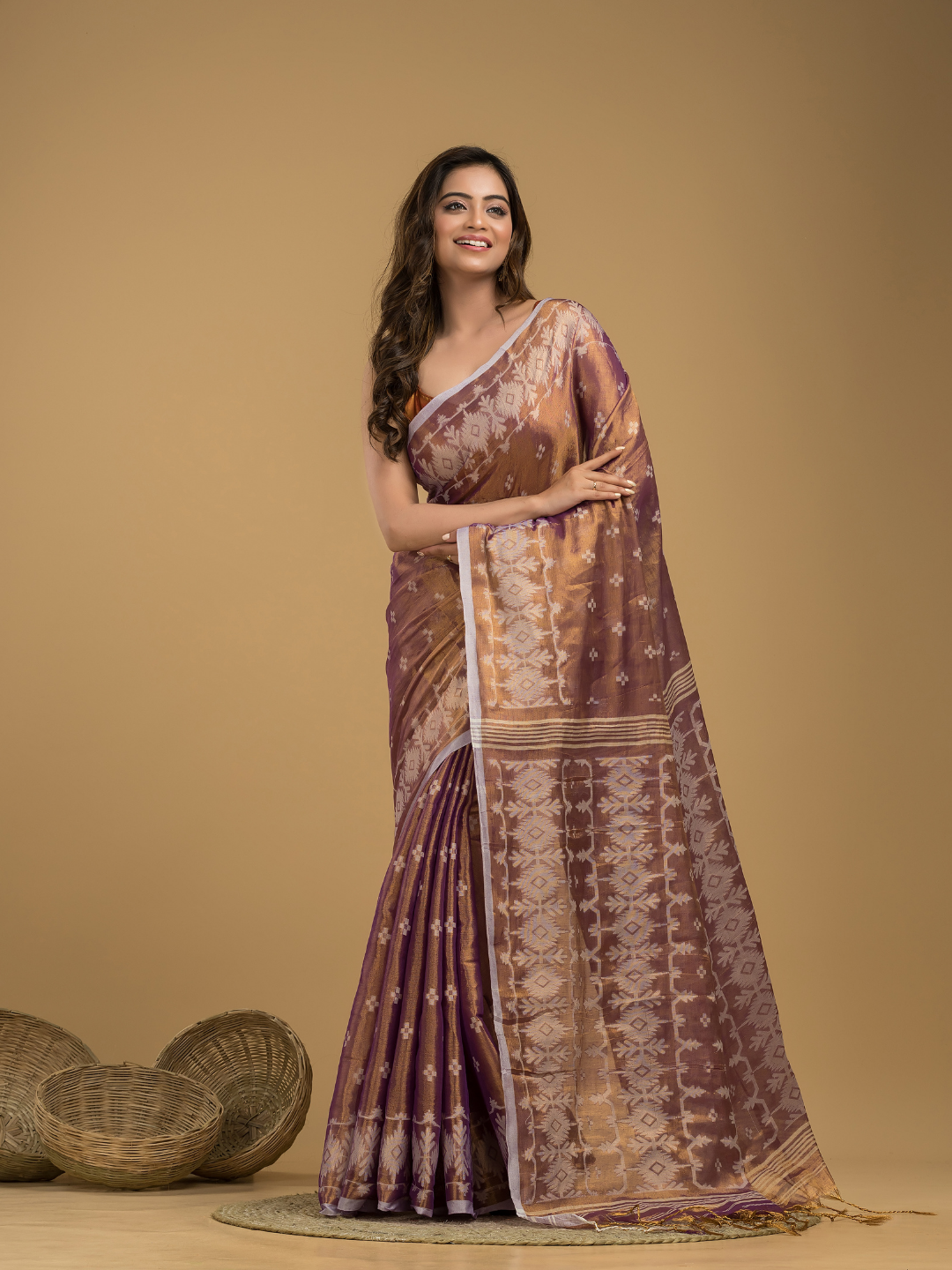 Crepe Pink Tissue Silk Jamdani Saree - 025