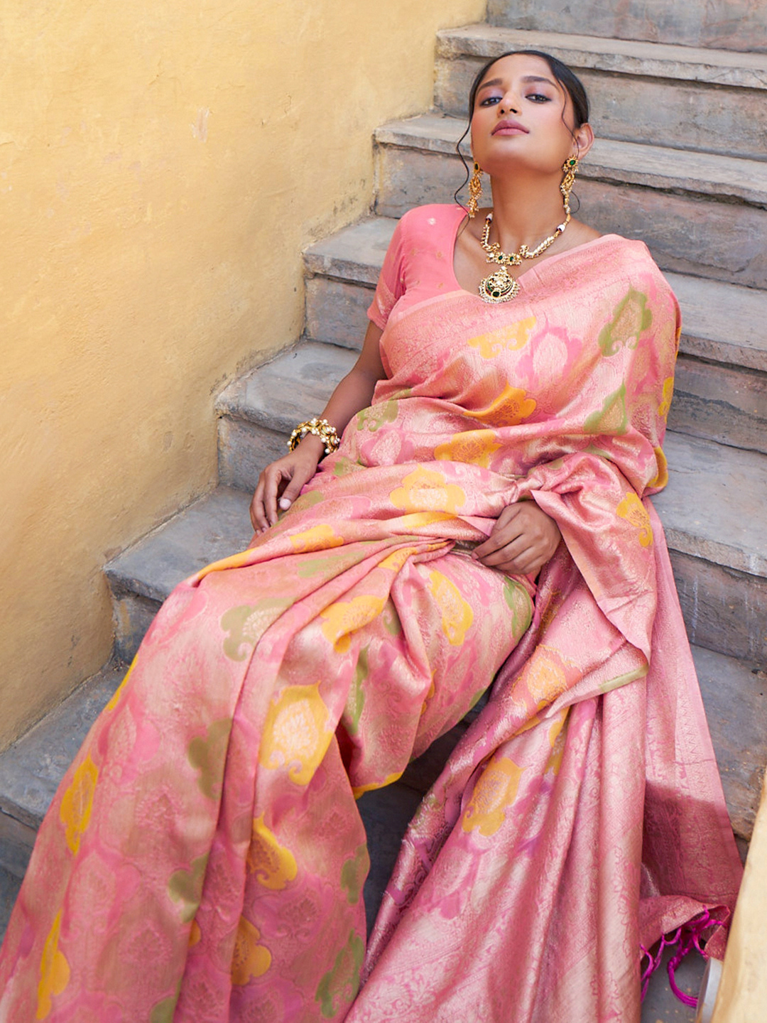 Chanderi Silk Ethnic Motifs Saree In Rose Pink (Precision Looms) - 002