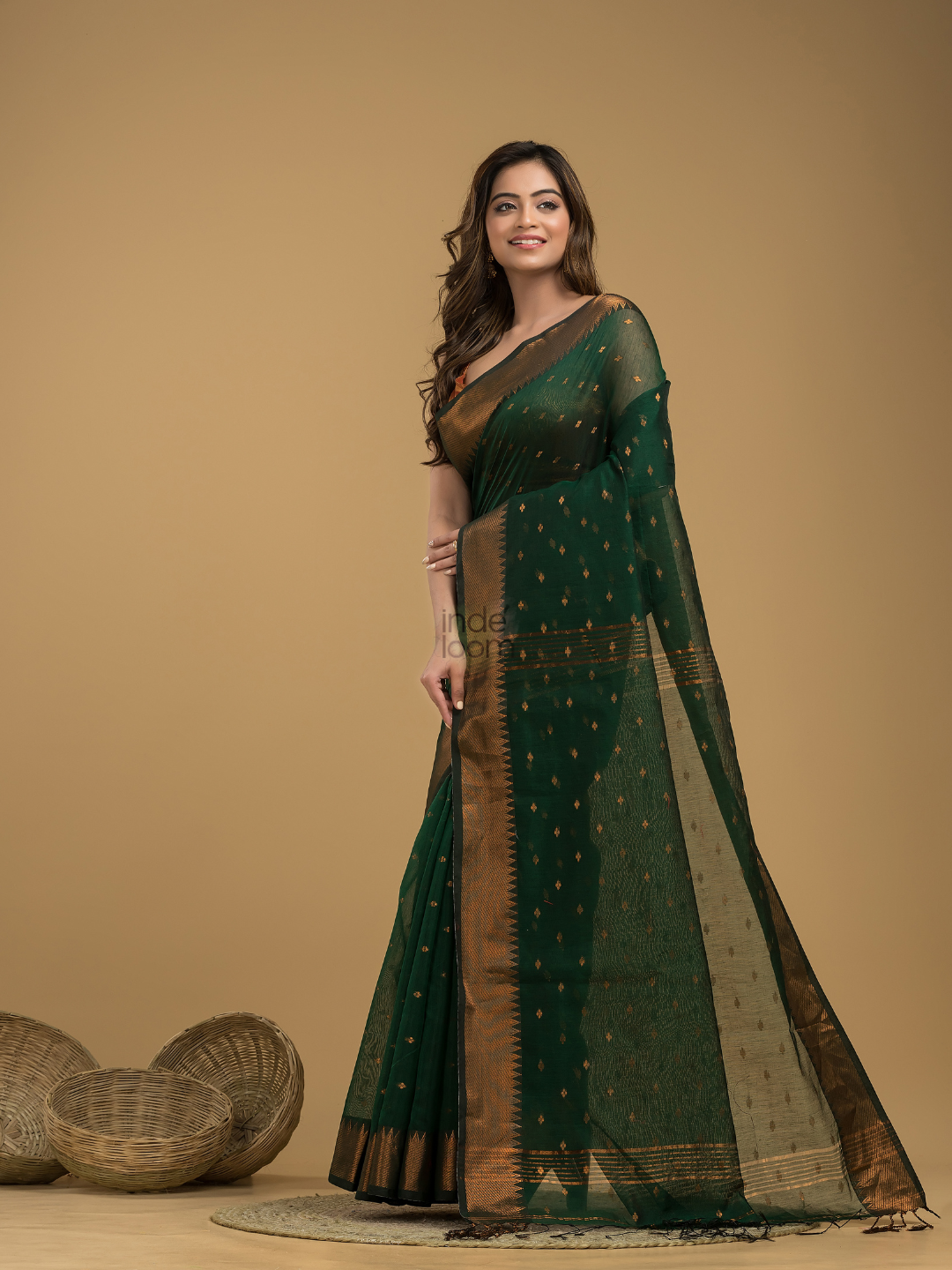 Dark Green Cotton Silk  1000 Butti Jamdani Saree - 006