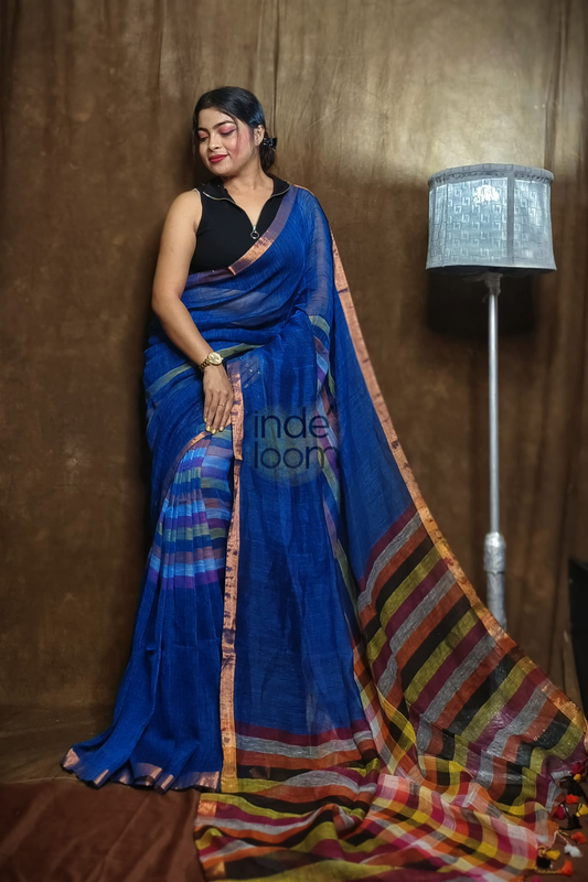 Handloom Linen Checks Saree with Blue and Multicolor Stripes Pallu-014