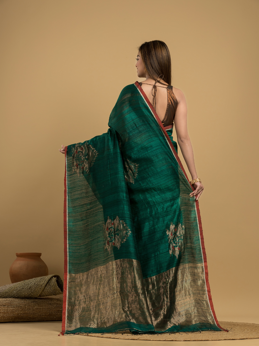 Dark Green Matka Silk Jamdani Saree - 041 - indeloom