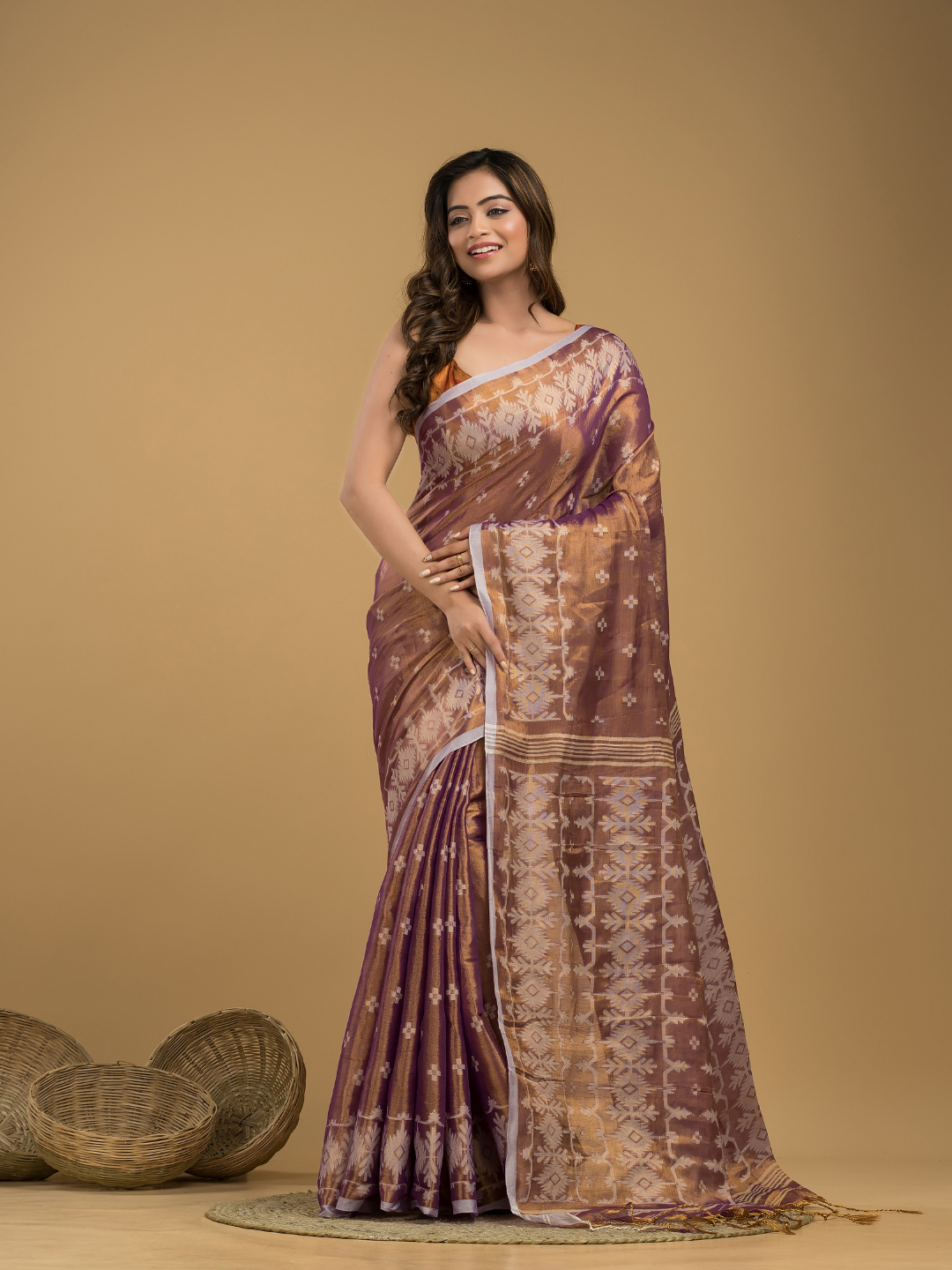 Crepe Pink Tissue Silk Jamdani Saree - 025