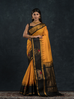 Pure handloom Korvai Silk Cotton Saree in Mustard and Black with elephant Border - 101