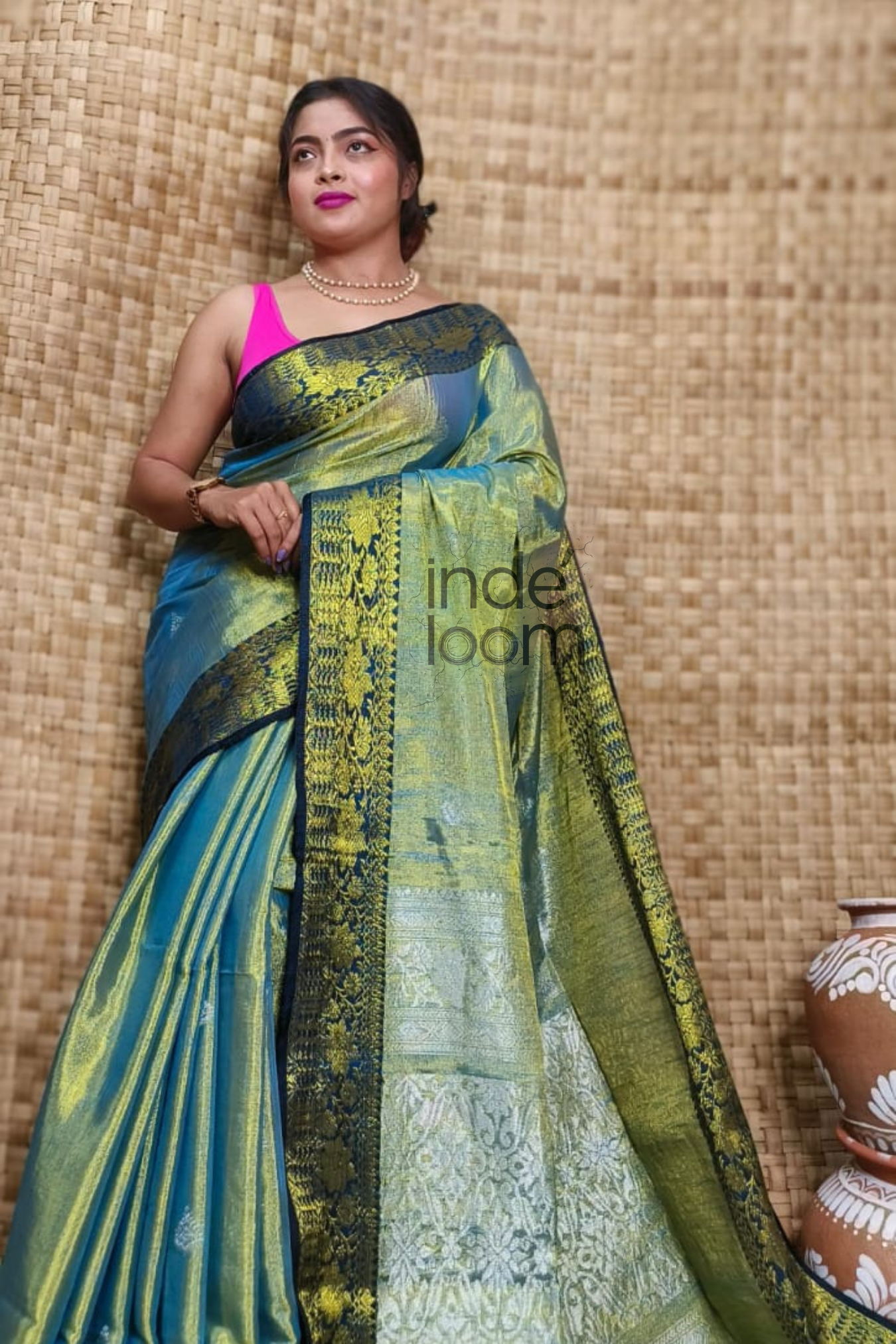 Tissue Silk Benarashi Jamdani Saree with Green and Golden Border -110