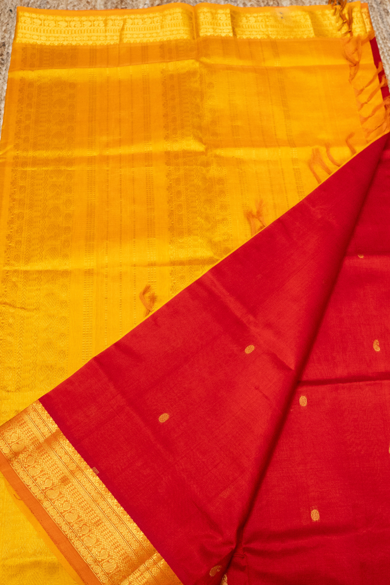 Classic Red and Yellow border with small zari buttas Korvai Saree -163