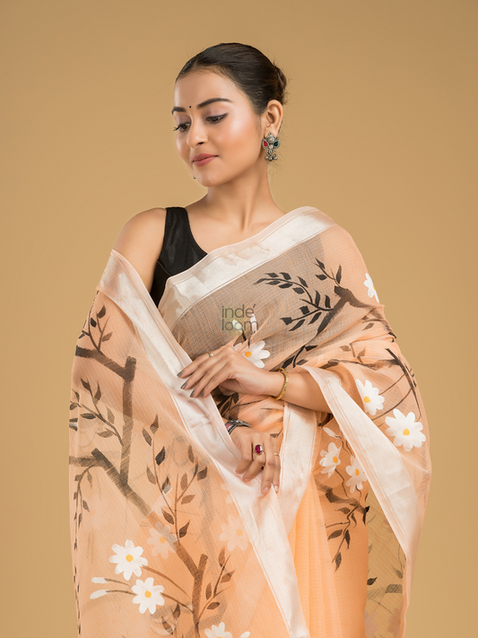 Kota Doria Handpainted Saree With Pale Orange - 006