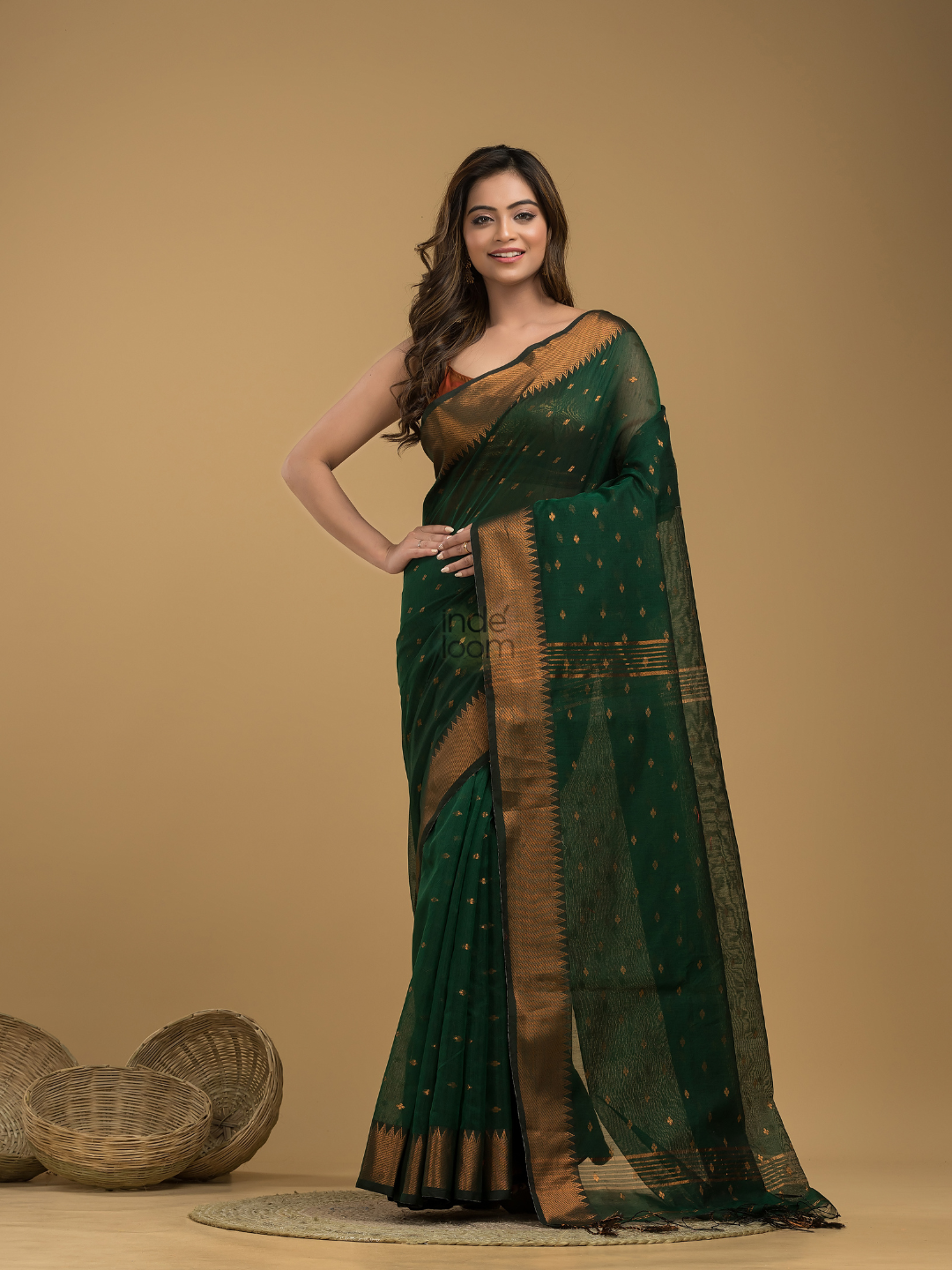 Dark Green Cotton Silk  1000 Butti Jamdani Saree - 006