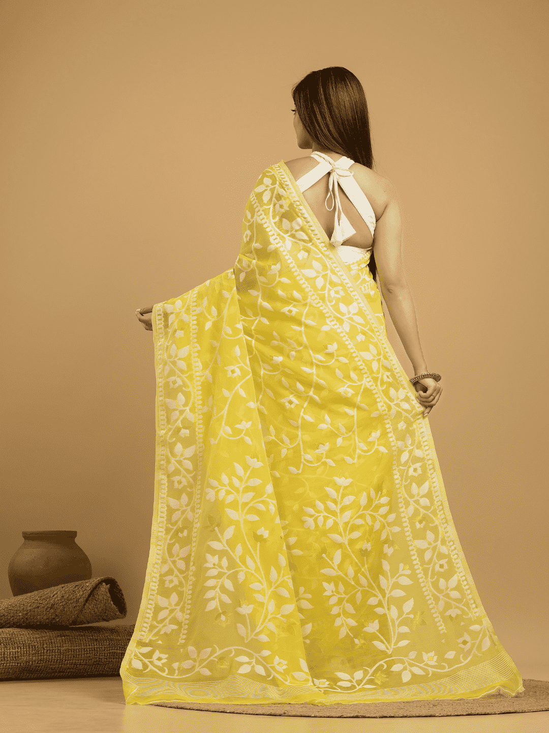 Lemon Yellow Cotton Silk Jamdani Saree - 026