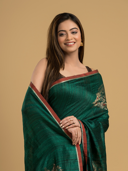 Dark Green Matka Silk Jamdani Saree - 041