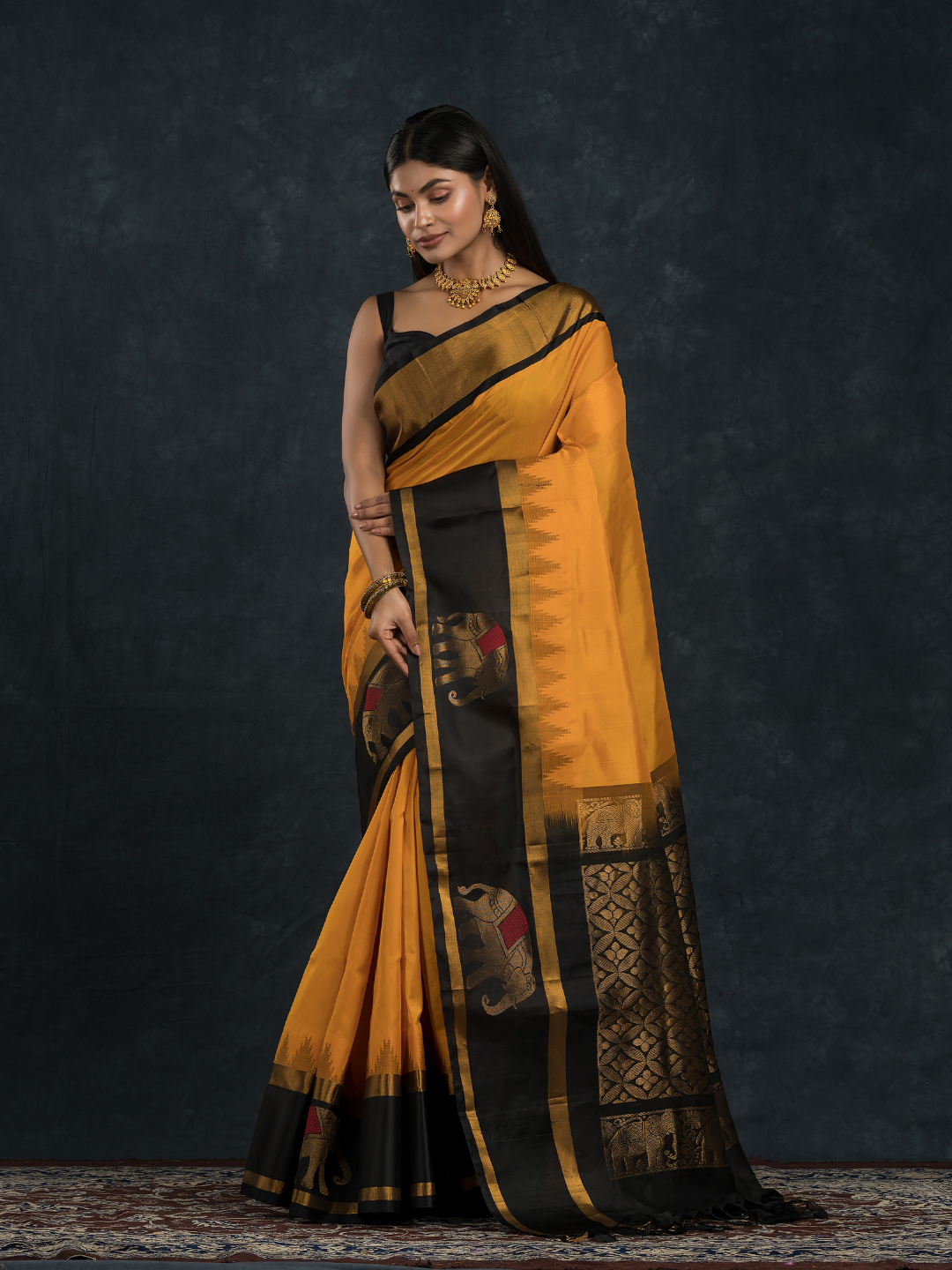 Korvai Saree with elephant Border in Mustard with Black border - 101