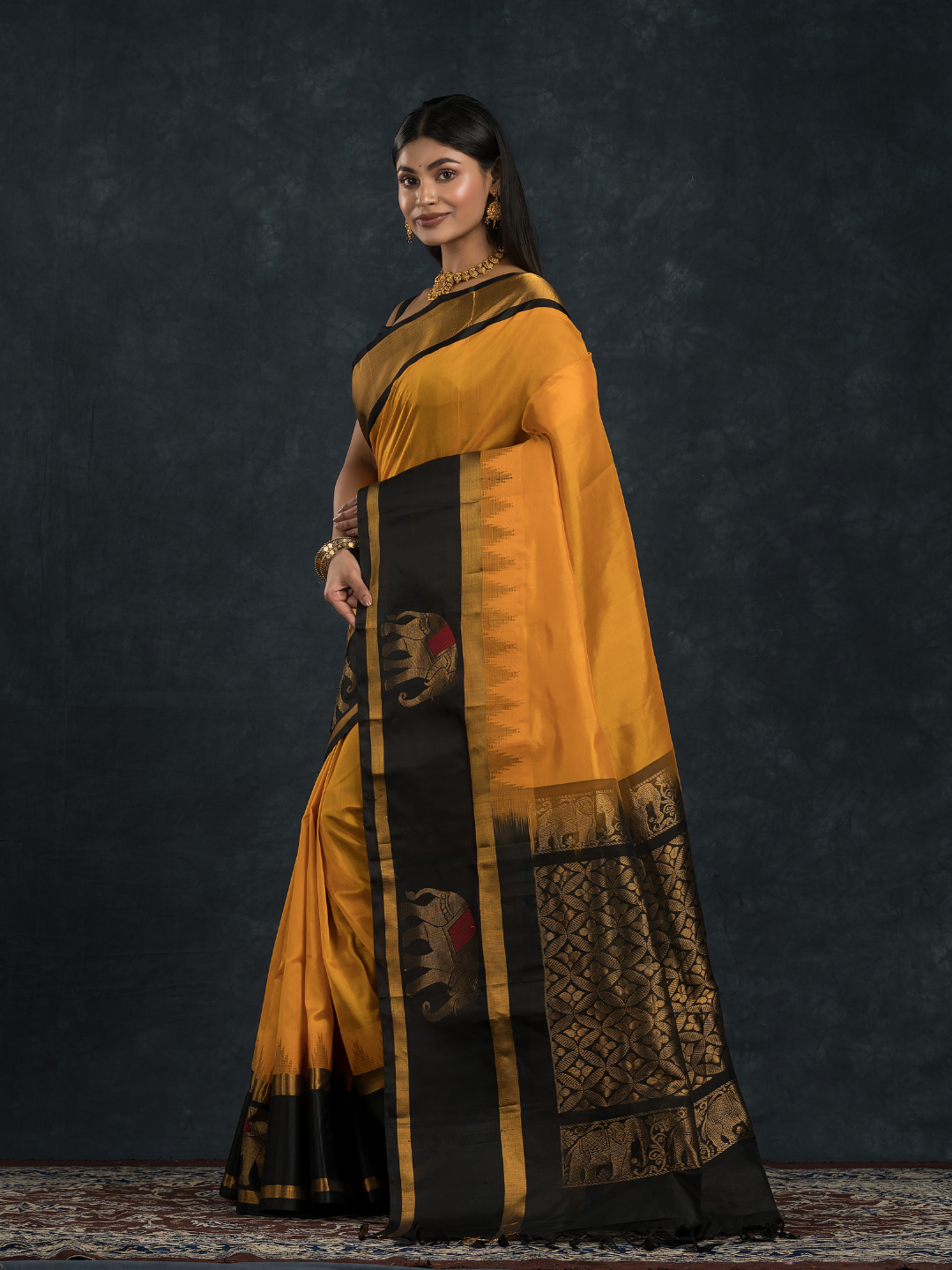 Korvai Saree with elephant Border in Mustard with Black border - 101