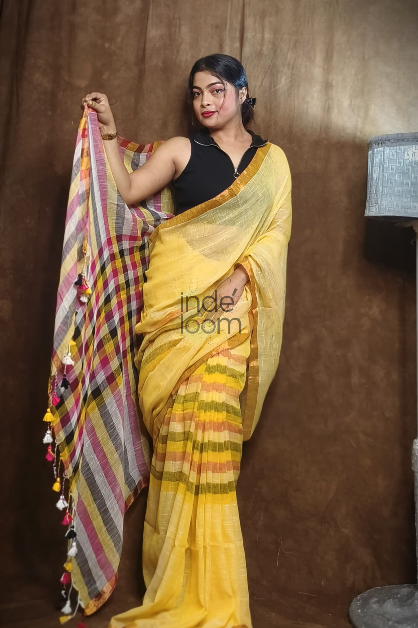 Handloom Linen Checks Saree with Mango Yellow-004