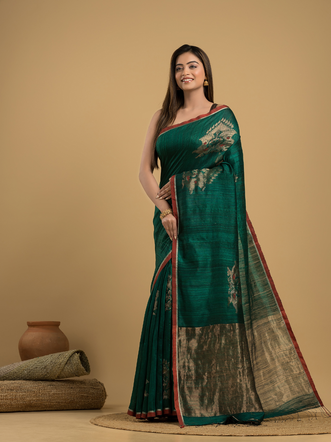 Dark Green Matka Silk Jamdani Saree - 041