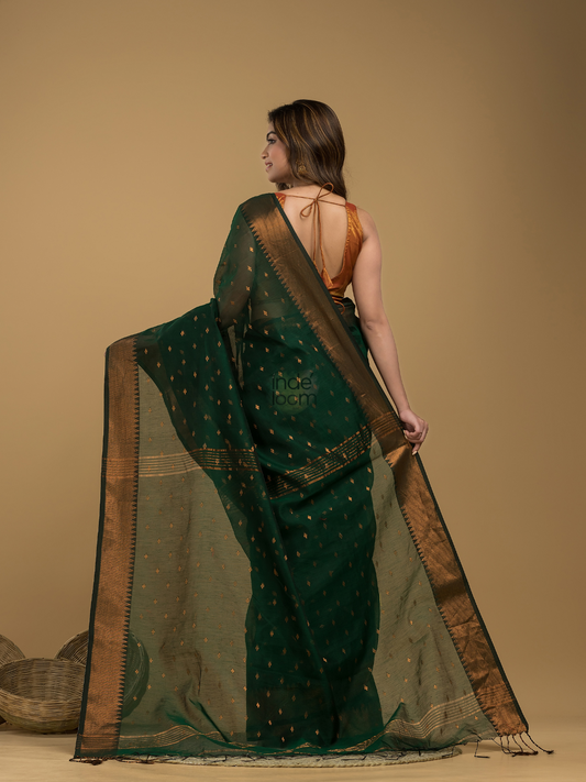 Dark Green Cotton Silk  1000 Butti Jamdani Saree - 006