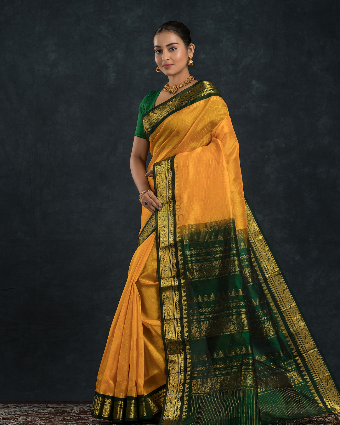 Pure Handloom Korvai Silk Cotton Vairaoosi Saree in Bright Yellow and leaf Green Border - 136