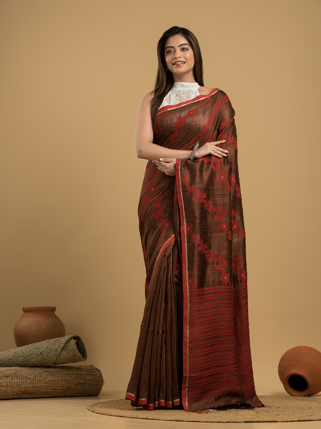 Red Brown Matka Silk Jamdani Saree - 049