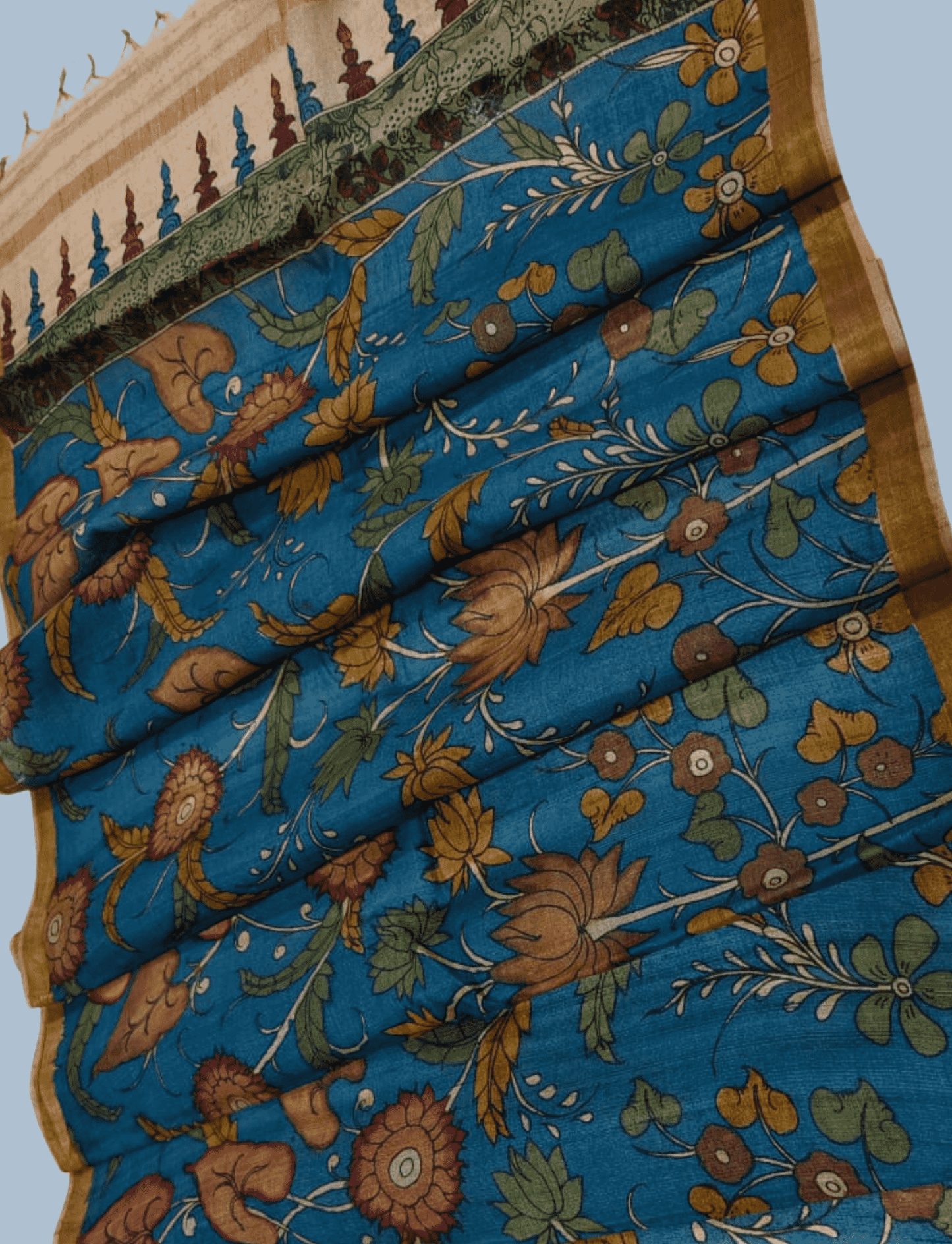 Pen Kalamkari Tussar Silk Dupatta in Sky Blue -019