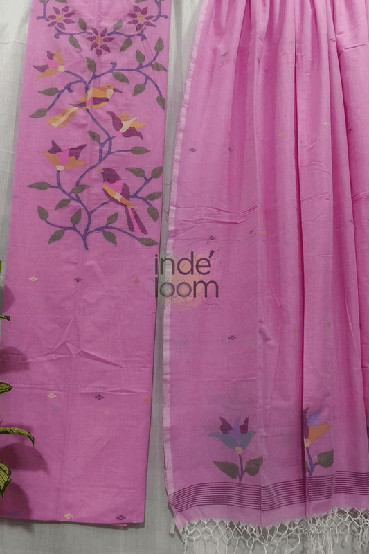 Cotton Jamdani 2 Piece Set Kurti & Dupatta With Fuscia Pink-248