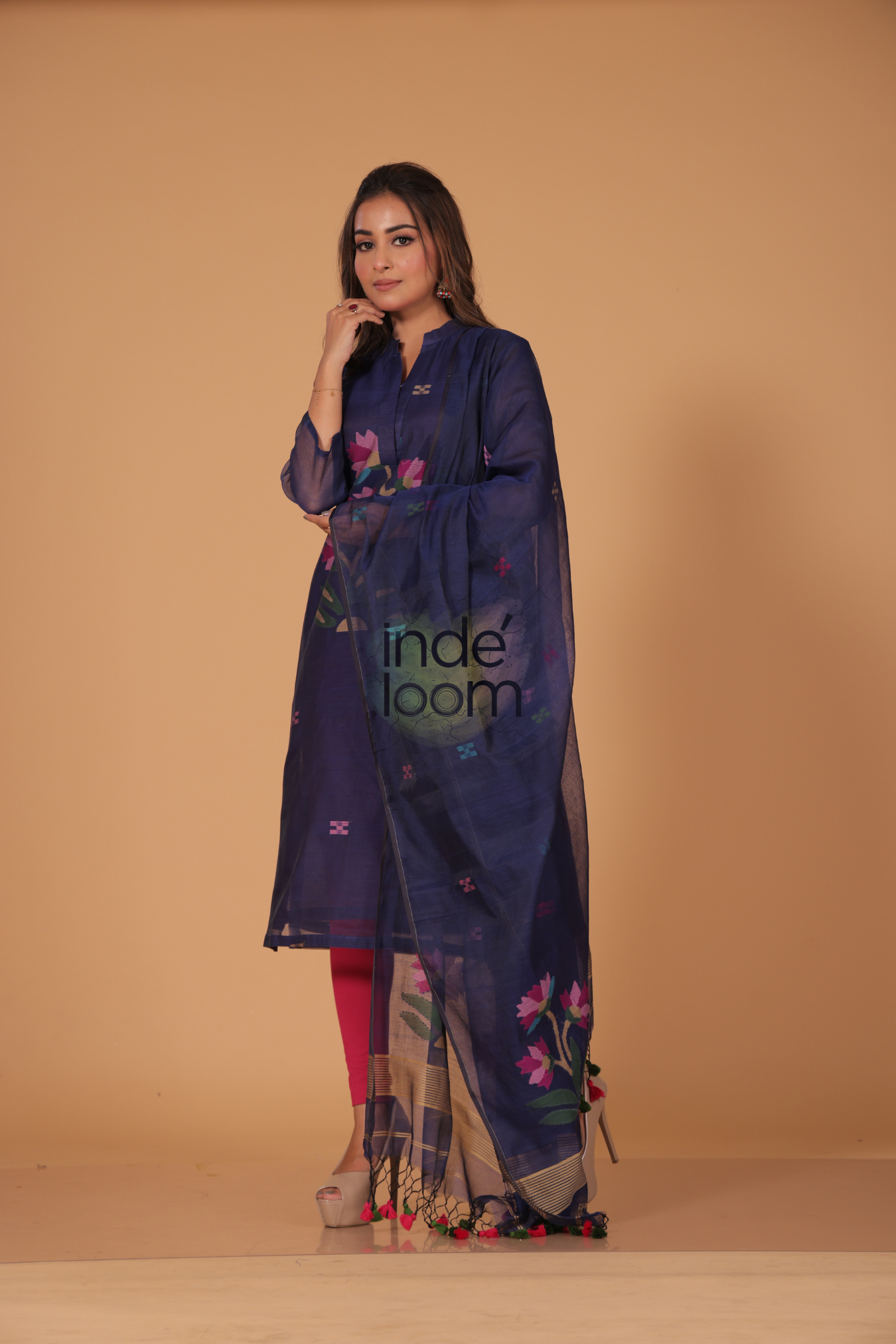 Muslin Jamdani 2-Piece Set Kurti & Dupatta (UNSTITCHED) - Ink Blue - 074