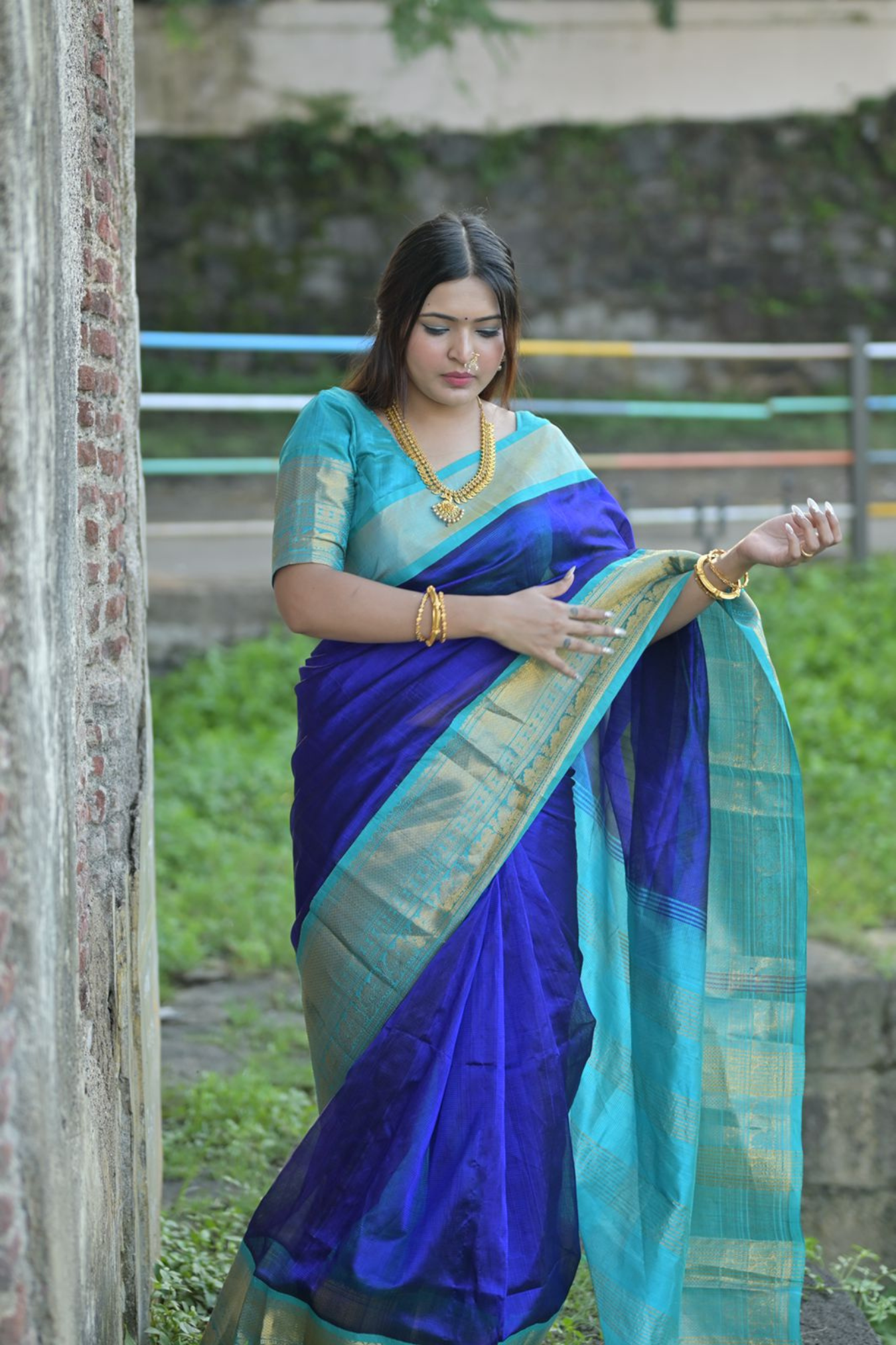 Korvai Saree Royal Blue Cyan Blue Golden Border - 122