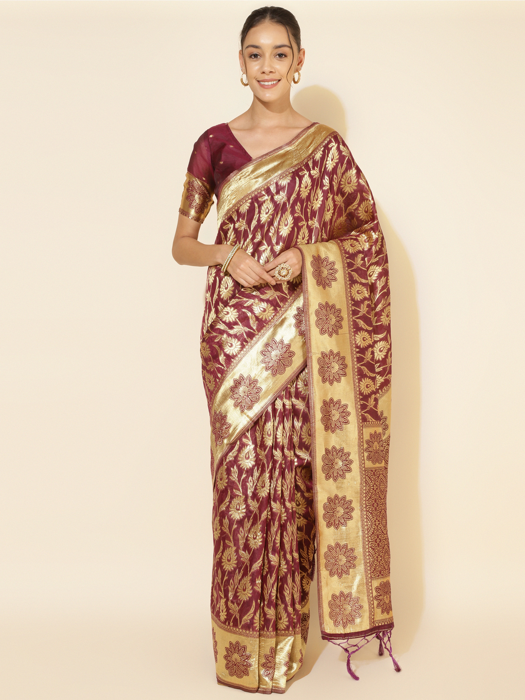 Chanderi Silk Woven Paisley Saree In Wine Red (Precision Looms) - 006