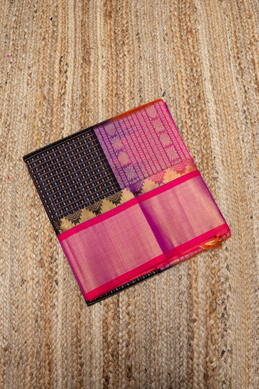 Coal Black Pink Border  Korvai Saree -146