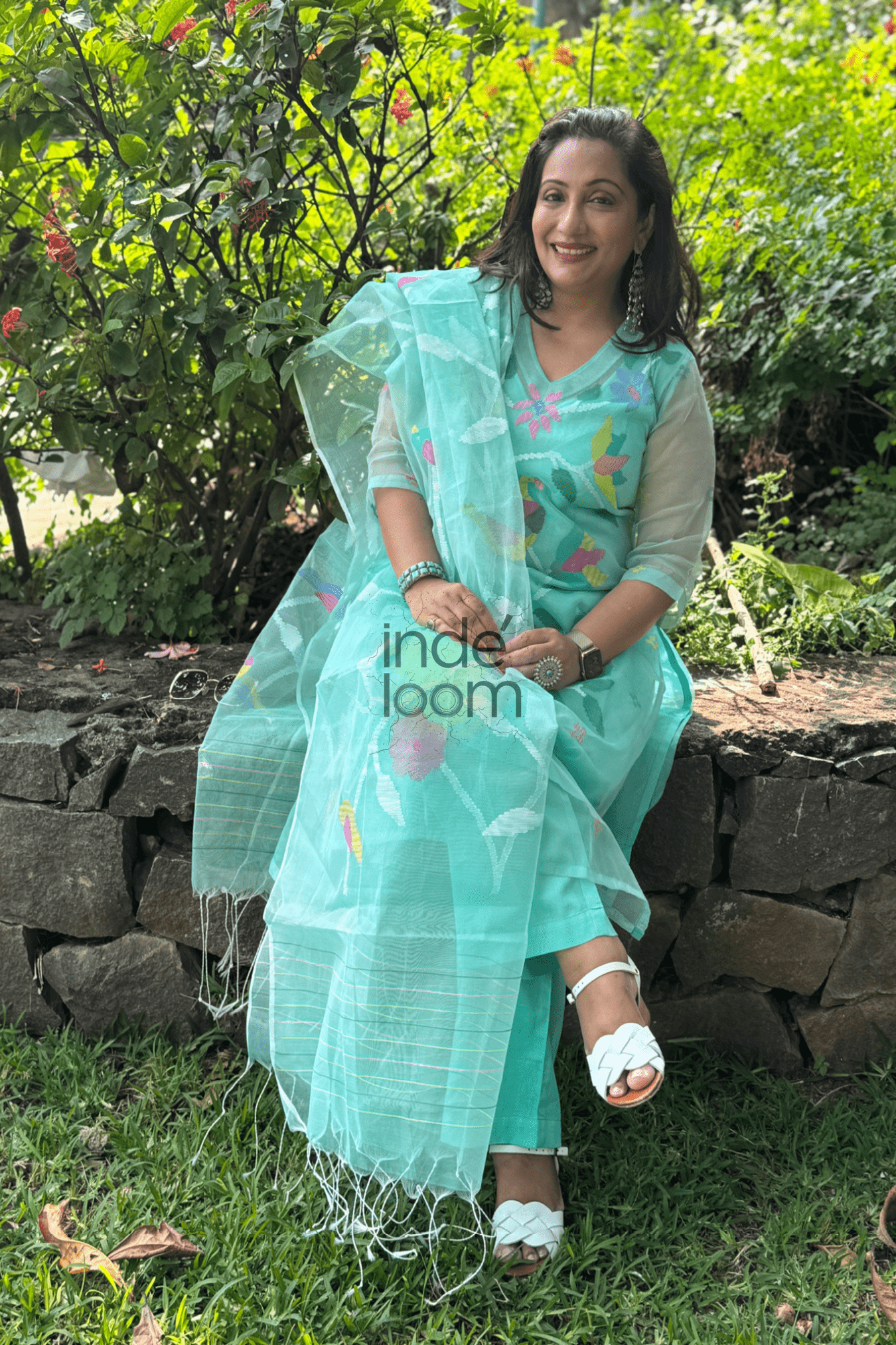 Muslin Jamdani 2-Piece Set Kurti & Dupatta (UNSTITCHED) - Bright Aqua Green - 072