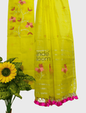 Bright Yellow Muslin Jamdani 2-Piece Set Kurti & Dupatta (UNSTITCHED) - 369 - indeloom