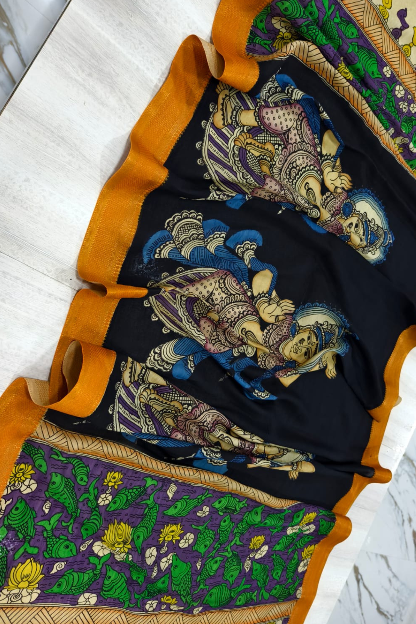 True Black Design Bangalore Silk Story Pen Kalamkari Dupatta -042