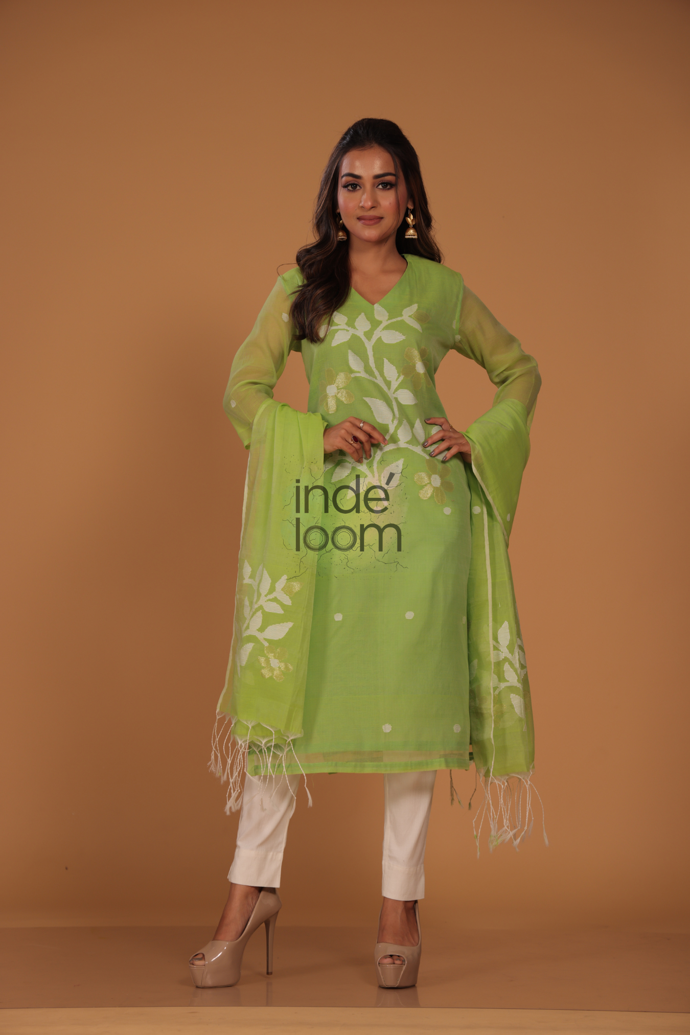 Muslin Jamdani 2-Piece Set Kurti & Dupatta (UNSTITCHED) - Leaf Green - 075