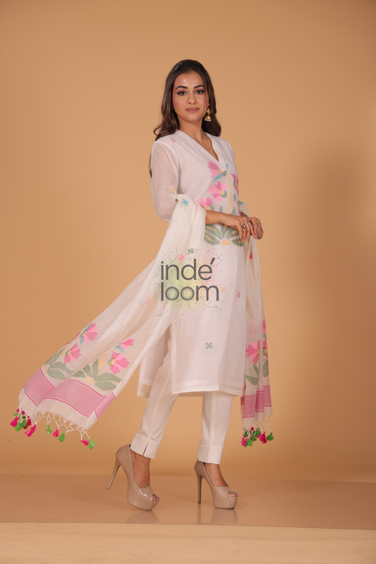 Muslin Jamdani 2-Piece Set Kurti & Dupatta (UNSTITCHED) - Pearl White - 078