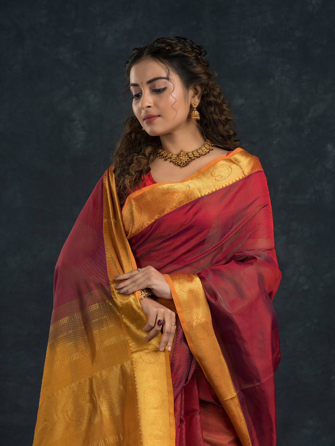 Korvai Saree With Chilli Red and Golden Yellow Border- 023