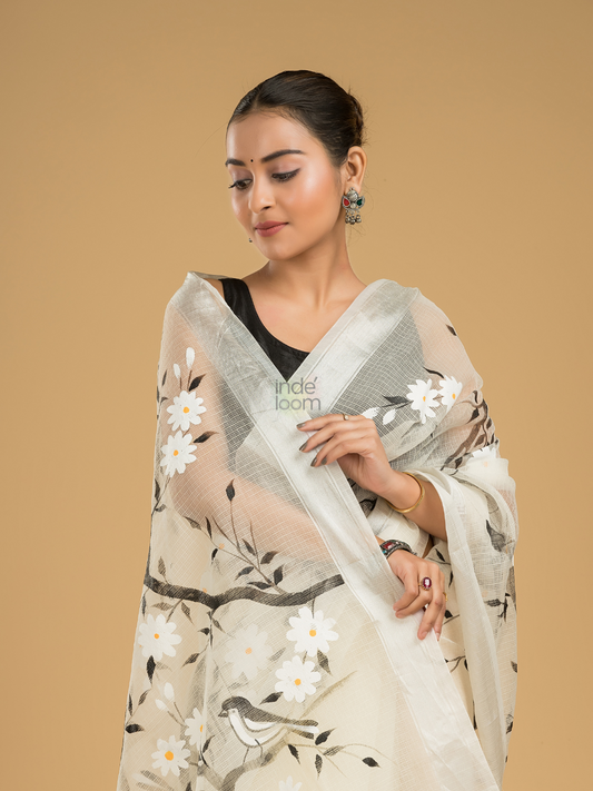 Kota Doria Handpainted Saree With Pearl White - 007