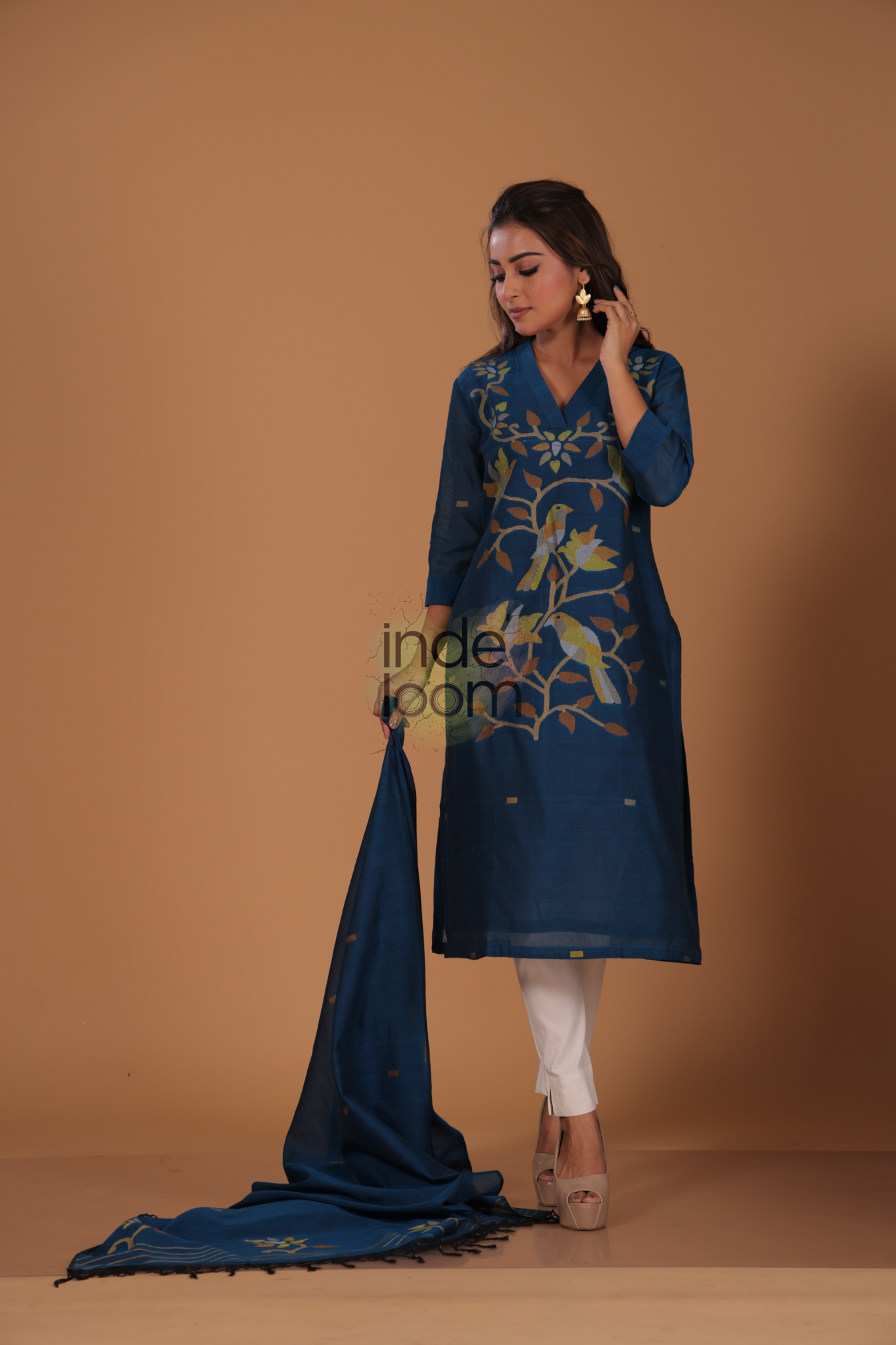 Muslin Jamdani 2-Piece Set Kurti & Dupatta (UNSTITCHED) - Dark Blue - 088