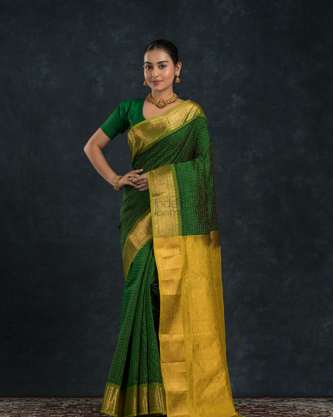 Pure Handloom Korvai Silk Cotton Kattam Saree in Leaf Green with Gold Border - 142